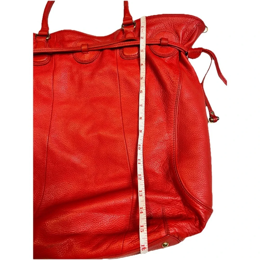 Isaac Mizrahi Live! Red Pebbled Leather Large Tote Hobo Bag Drawstring Gold Feet